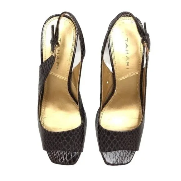 TAHARI Robin 1 Brown Snakeskin Slingback Heels. Peep toe in a size 7 - Picture 2 of 8